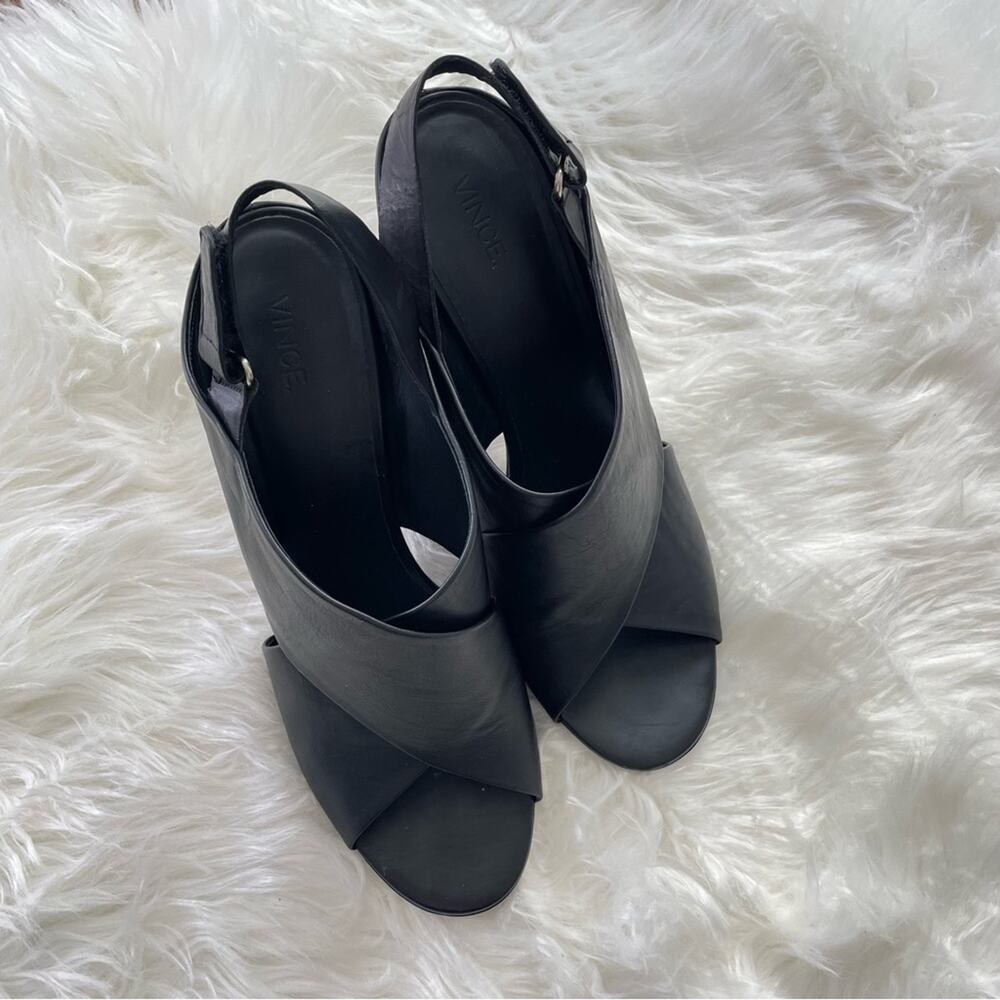 Vince | Women’s Black Faine Open Toe Leather Slingback Faux Wood Heel Crisscross - Picture 4 of 9